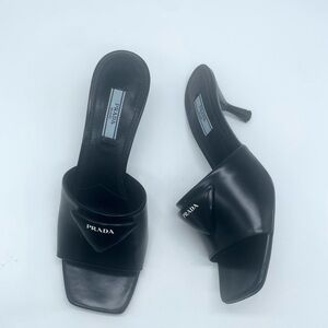 Prada Black leather logo plaque mid-heel mules EU 38